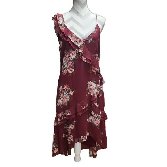 WAYF Maryln Tier Ruffle Dress Floral Burgundy Size Large NWT F11 - Picture 2 of 11